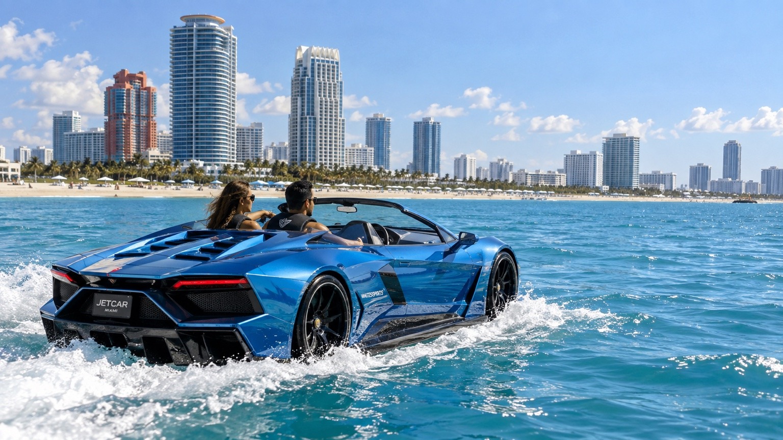 Jet Car de BlueX navegando frente a la costa de Miami Beach
